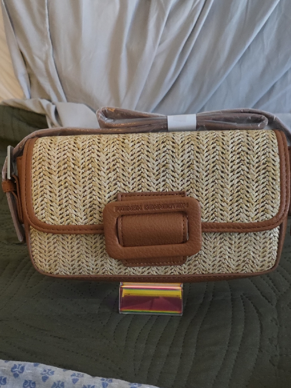 French Connection Straw Crossbody with Tan Trim